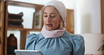 Woman, talking and presentation with tablet in office for training, planning and editor feedback. Muslim, speaker and digital for discussion, coaching tips and headline ideas for article publication 