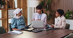Business, women and laptop with documents in meeting for project planning, strategy or ideas. Female people, employees or team listening with manager on computer for company proposal, tasks or agenda
