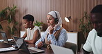 Headset, laptop and talking with woman in call center for assistance, help or online support. Computer, customer service and explain with agency employee in office for contact, feedback or solution