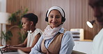Face, happy woman and consultant in call center for telemarketing, about us and laptop. Portrait, person and sales agent with headset for telesales, lead generation and coworking with computer