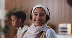 Face, happy woman and agent in call center for telemarketing, about us and pride for career. Portrait, person and sales consultant with headset for telesales, lead generation and coworking in office