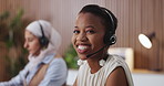 Face, happy woman and agent in call center for customer service, help desk or IT assistance. Portrait, person and consultant with headset for technical support, contact us and coworking in office