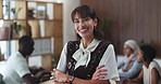 Business woman, arms crossed and smile in office for confidence, project management and team meeting. Startup, face and mature person with opportunity for proposal, collaboration and feedback