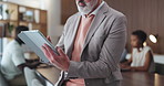 Businessman, tablet and hands in office for team, project management and meeting notes. Startup, creative and mature person on digital tech for online proposal, website review and agenda feedback