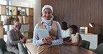 Muslim woman, face and tablet with smile at office meeting, team and project management at media company. Person, happy and portrait with tech, application and staff in boardroom at press agency