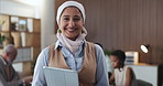 Muslim woman, face and happy with tablet at office meeting, team and project management at media company. Person, smile and portrait with tech, application and staff in boardroom at press agency