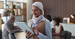 Tablet, smile and meeting with business Muslim woman for planning, budget review and research. Online report, account manager and broker with employee in office for funding balance and revenue