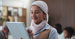 Copywriting, tablet and Islamic woman in office, typing and research for news report, smile and internet. Muslim person, employee and journalist in workplace, tech and email for online column and app