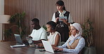 Coaching, investment and people in office, laptop for trading platform, teaching and connection. Group, mentor and employees in workplace, computer and website for investor opportunity and learning