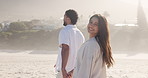 Face, walk and couple holding hands at beach for care, support and lead with partner on vacation. Love, man and woman travel for summer holiday, smile and portrait on tropical island for romance
