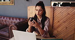 Remote work, laptop or woman in cafe with phone, draft update or source feedback for article. Freelance, review or journalist in restaurant with tech, fact check or research story for publication.
