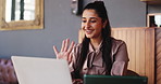 Laptop, remote work and video call with woman in coffee shop for small business discussion. Computer, virtual meeting and wave with freelance employee in cafe or restaurant for startup webinar