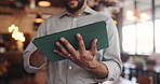 Hospitality, scroll and hands in cafe with tablet, website review and inventory management with sales track. Owner, stock checklist and man with tech, online order or menu update on restaurant app.