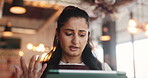 Tablet, confused and business woman in office with spam email, error or venue mistake with bokeh. Employee, glitch and person in workplace with doubt for event planning, scam or problem with vendor
