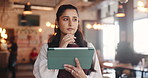 Management, tablet and thinking with woman in coffee shop for agenda or online booking schedule. App, planning and vision with manager in cafe or restaurant for small business or startup review