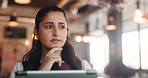 Woman, thinking and business owner in cafe with tablet, problem solving or digital app for online order. Bokeh, manager or person contemplating in restaurant with tech, hospitality website and email.