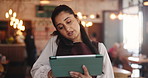 Waitress, talk or phone call in restaurant with tablet, booking website or digital app for online order. Bokeh, woman and conversation in diner with tech, contact or reservation for customer service.