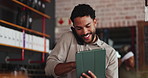 Waiter, person and phone call in diner with tablet, booking website and conversation for online order. Man, talk and tech in restaurant with contact, customer service and check email for reservation.