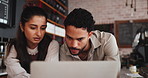 Speaking, people or entrepreneur with laptop in coffee shop, planning supply order or online shopping. Hospitality industry, cafe inventory or couple with pc for digital stock check, talk or reading