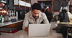 Reading, man or entrepreneur with laptop in coffee shop, planning budget or check customer feedback. Cafe reviews, computer or business owner with research for startup supplier, track sales or stock