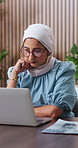 Laptop, reading and muslim woman in office with thinking, creative idea or planning for marketing. Islamic person, glasses and typing in workplace with computer, online advertising or review project.