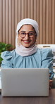 Face, laptop and muslim woman in office with smile, creativity and career growth in digital marketing. Happy, Islamic person and glasses in workplace with computer, advertising job and development.