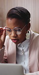 Woman, reading and glasses in office with laptop, check campaign and research for digital marketing. Black person, spectacles and review project in workplace with computer, advertising and vision.