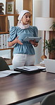Muslim woman, talk and tablet with team at office meeting, pitch and project management at media company. Person, happy and discussion with tech, application and staff in boardroom at press agency