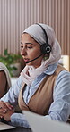 Call center, agent and Muslim woman with headset, talk and discussion with contact or telemarketing. Coworking, consultant and person with hijab, lead generation and communication with mic for sales