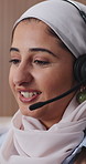 Call center, smile and muslim woman with headset in office for crm, customer service or helpdesk. Happy, female person or islamic consultant with mic for technical support, contact us or advice.