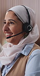 Call center, talking and muslim woman with headset in office for crm, customer service or helpdesk. Happy, female person or islamic consultant with mic for technical support, contact us or advice.