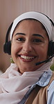 Face, woman and happy with headset in call centre for career pride, about us and telecom. Portrait, female person and coworking with mic for customer service, technical support and crm representative