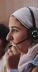 Customer service, happy and muslim woman with headset in office for crm, call center or helpdesk. Smile, female person or islamic consultant with mic for technical support, contact us or advice.