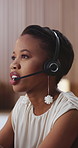 Call center, talking and black woman with headset in office for crm, customer service or helpdesk. Communication, female person or African consultant with mic for technical support, contact or advice