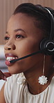 Call center, happy and black woman with headset in office for crm, customer service or helpdesk. Communication, female person or African consultant with mic for technical support, contact or advice.