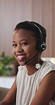 Face, black woman and smile with headset in call centre for career pride, about us and telecom. Portrait, happy and consultant with mic for customer service, technical support and crm representative