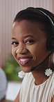 Face, black woman and happy with headset in call centre for career pride, about us and telecom. Portrait, advisor and coworking with mic for customer service, technical support and crm representative