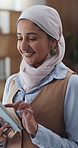 Tablet, scroll and Muslim woman in office with smile, website and trend for social media marketing. Happy, Islamic person and reading in workplace with tech, digital app and research for advertising.
