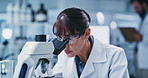 Microscope, research and science with woman in laboratory for development or investigation. Analysis, goggles and medical sample with mature scientist at work on clinical trial or experiment