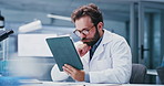 Thinking, science and man on tablet in lab for online research, medical review and experiment results. Healthcare, pharmaceutical and person on digital tech for clinical study, analysis and vaccine