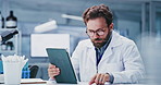 Paperwork, science and man on tablet in lab for online research, medical review or experiment results. Healthcare, pharmaceutical and person on tech for clinical study, trial and medicine development