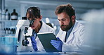 Microscope, team and people on tablet in lab for online report, medical study and experiment feedback. Healthcare, biology and scientists on tech for clinical trial, stem cell research and vaccine