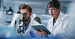 Microscope, teamwork and people on tablet in lab for online report, medical study and experiment results. Healthcare, biology and scientists on tech for clinical trial, stem cell research and vaccine