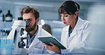 Microscope, science and people on tablet in lab for online report, medical study and experiment results. Healthcare, team and scientists on tech for clinical trial, stem cell research and vaccine