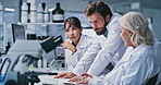 People, scientist and team for review at lab, talk or point for collaboration with medical research. Man, women and group for feedback, checklist or pharmaceutical study on pc for vaccine development