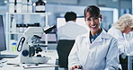 Women, scientist and face for writing at lab with smile, review and notes for medical research. Person, clipboard and happy with checklist, pharmaceutical study or vaccine development for virus