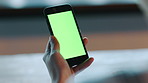 Hand, green screen and person with smartphone, internet and digital app for social media. Mockup space, mobile user and cellphone for communication, email notification and online reading with contact