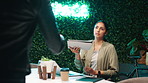 Tablet, feedback and businesswoman with manager in office for advice on creative project. Digital technology, talking and female magazine editor with discussion for publishing approval at startup.