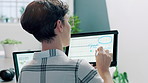 Tablet, thinking and businesswoman in office for planning with online documents for creative project. Pen, digital technology and female magazine editor with ideas for article publishing at agency.