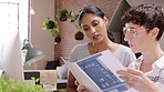 People, talk and computer in office with paperwork, collaboration and floor plan for interior design. Women, conversation and blueprint document in workplace with pc, teamwork and remodeling project.